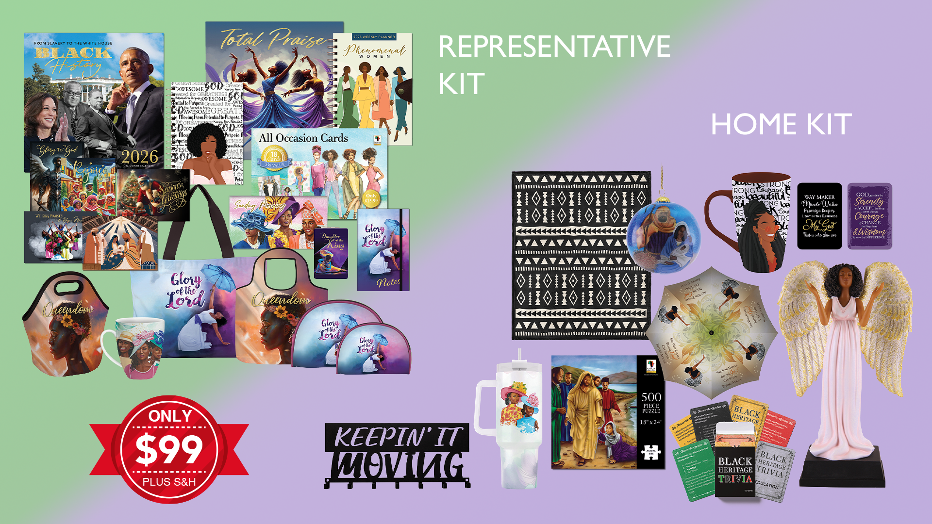 Representative Kit and Home Kit product displays showing all included items